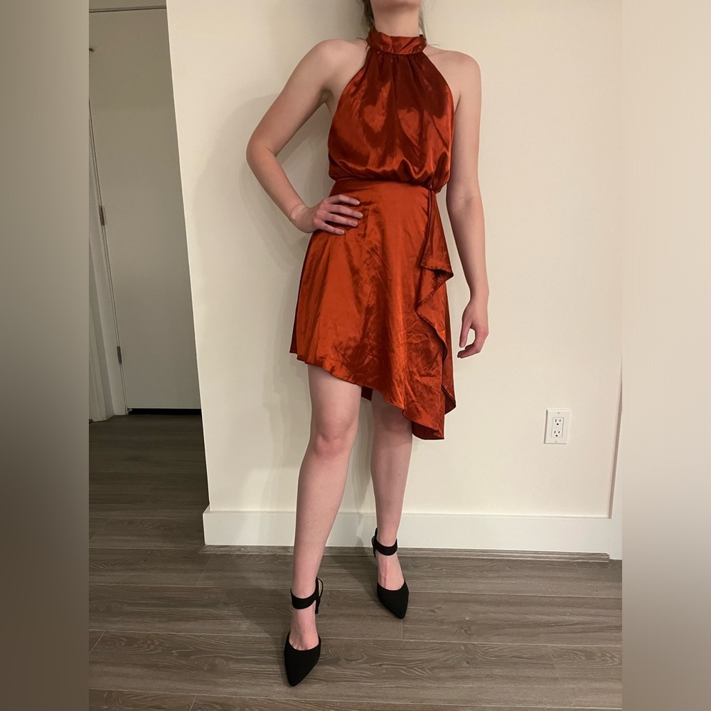 Red Satin Two Sisters Halter Neck Midi Ruffle Dress